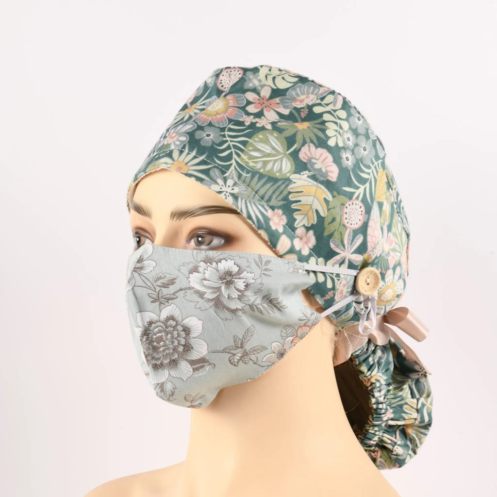 Tropical Flowers Ponytail Scrub Cap