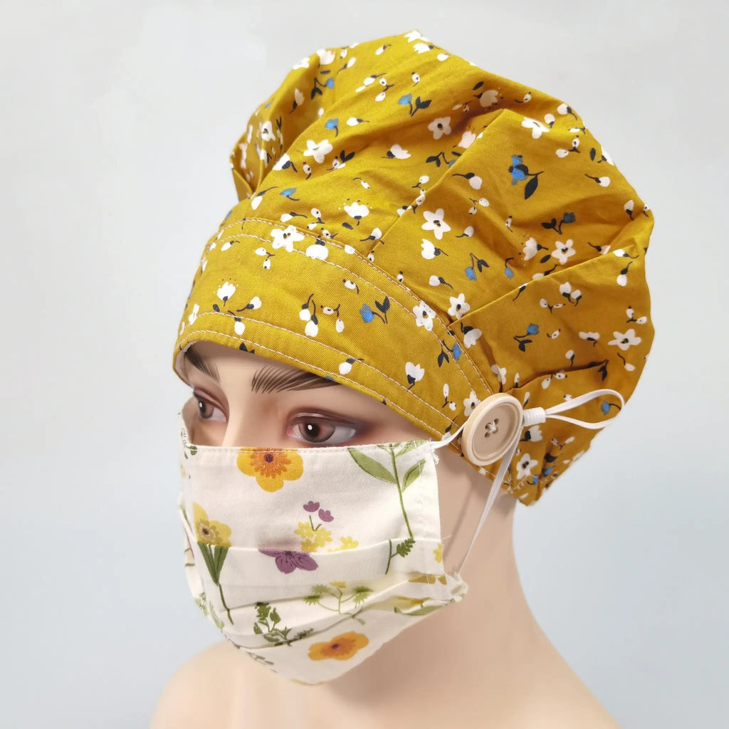 Yellow Floral Bouffant Scrub Cap