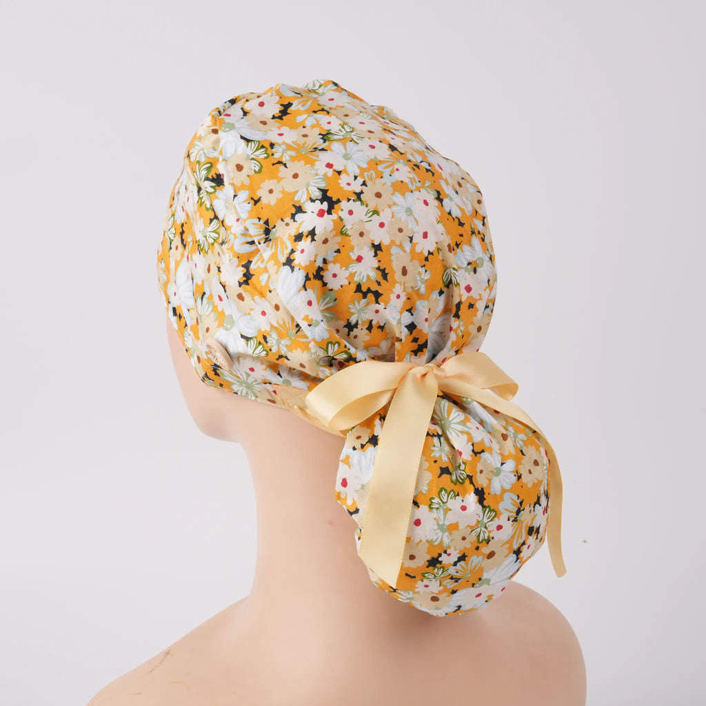 Yellow Floral Ponytail Scrub Cap