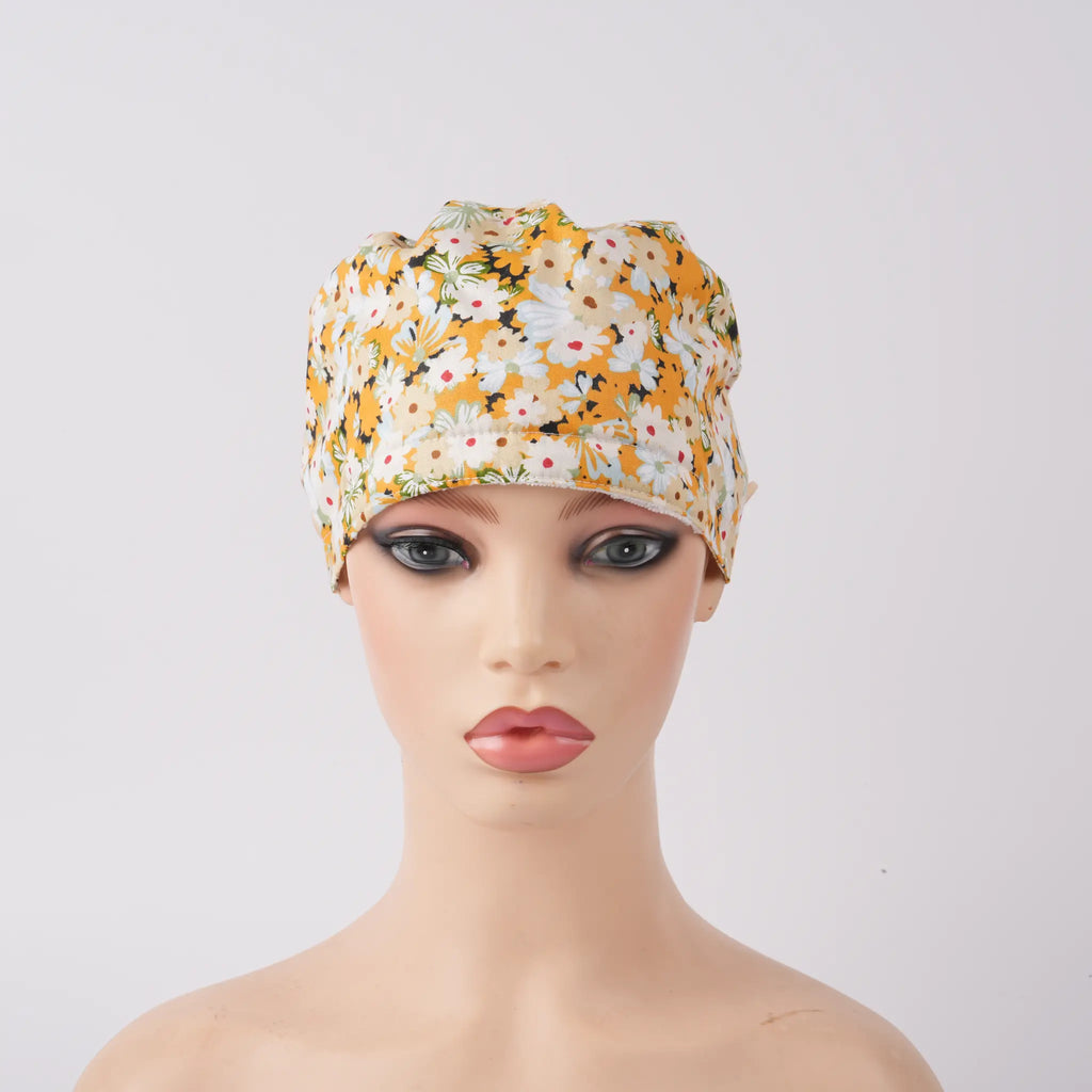 Yellow Floral Ponytail Scrub Cap