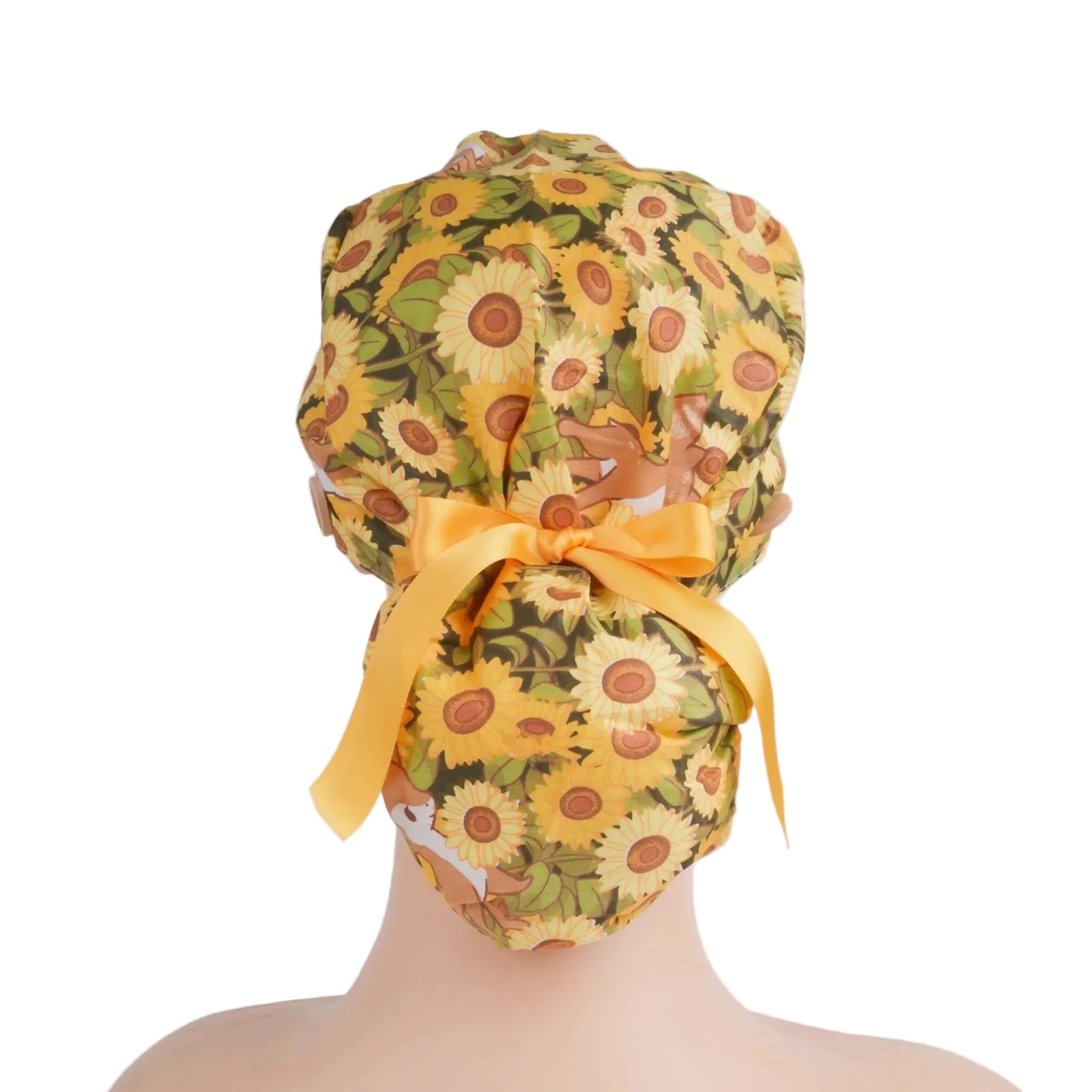 Back view of yellow sunflower ponytail scrub cap with green leaves and deers.